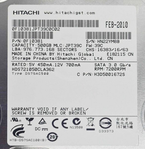 Внутренний жесткий диск Hitachi HDS721050CLA362 500 Гб