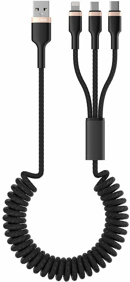 Кабель OLMIO SPRING, USB 2.0 - 3-в-1, microUSB/lightning/typeC, 1.5м, 3A - фото №2