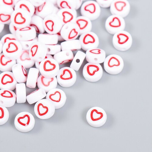 Набор бусин для творчества пластик Красное сердце с белой серединкой 20 гр 0,7х0,7х0,4 см