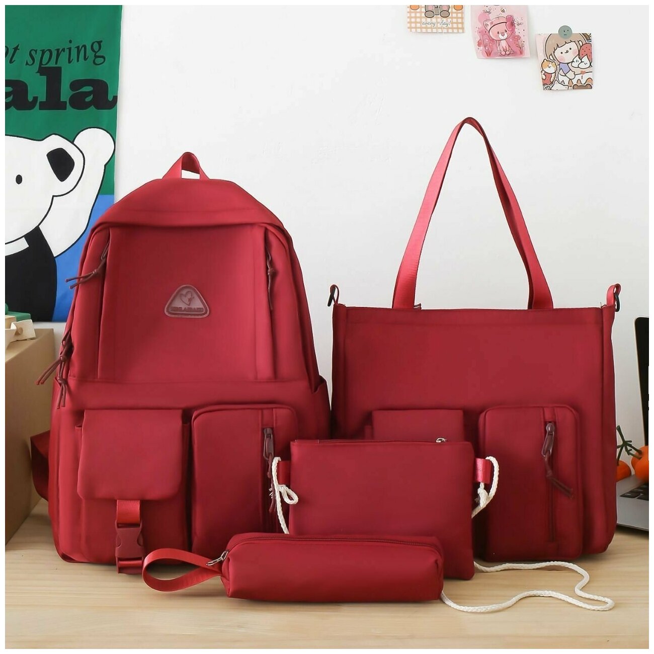 Рюкзак школьный для девочек комплект 4 в 1 с пеналом, красный