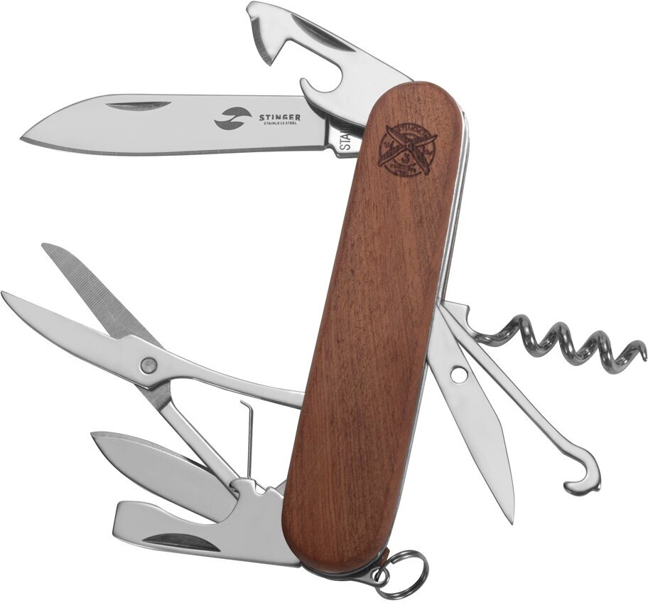 Нож перочинный Stinger, 90 мм, 13 функций, материал рукояти: древесина сапеле, в блистере, FK-K5019-8PB
