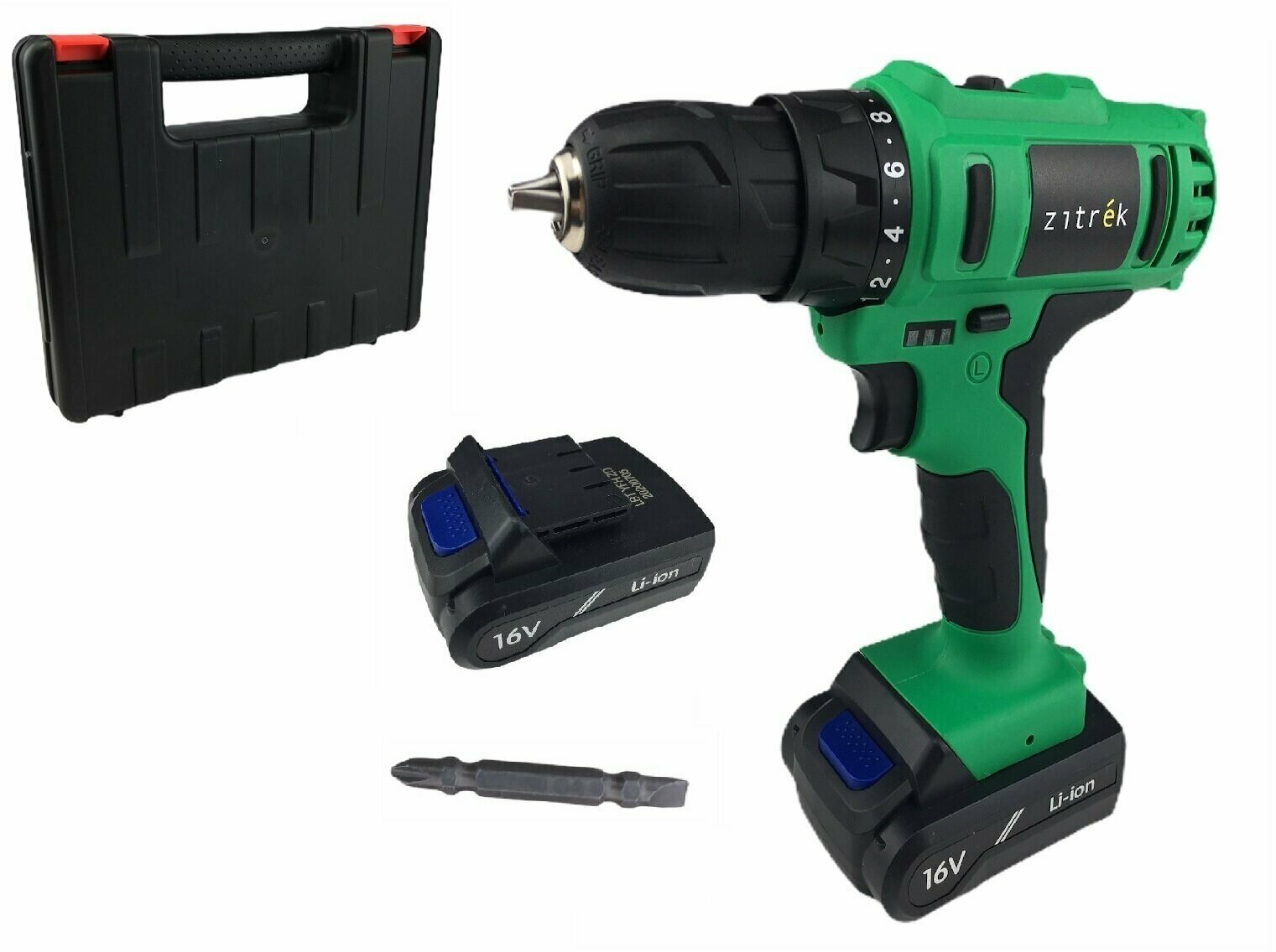 Дрель-шуруповёрт аккумуляторная ZITREK GREENPOWER 16-Li (16 В, 2 х 1.5 Ач, Li-ion) бита, кейс ZITREK 063-4075