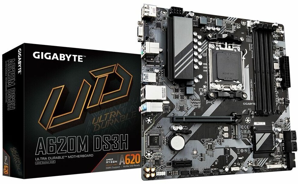 Материнская плата Gigabyte A620m Ds3h, Socket Am5, 2xDDR5-5200, D-sub+hdmi+dp, 1xPCI-Ex16, 1xPCI-Ex1 .