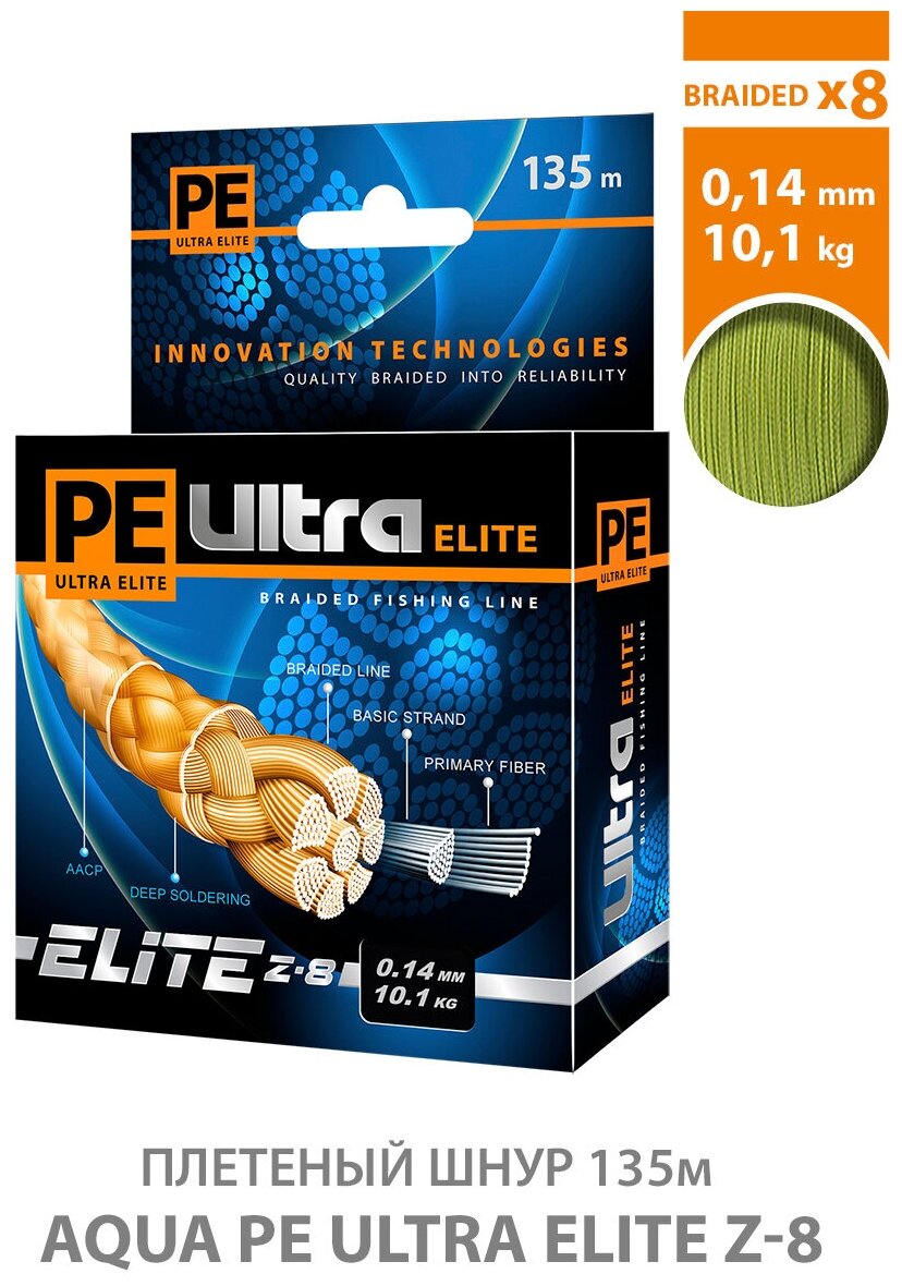 Плетеный шнур для рыбалки AQUA PE Ultra Elite Z-8 135m 0.14mm 10.10kg оливковый