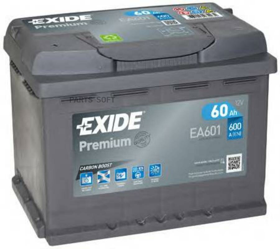 EXIDE EA601 PREMIUM_аккумуляторная батарея! 19.5/17.9 рус 60Ah 600A 242/175/190 CARBON BOOST\ EXIDE / арт. EA601 - (1 шт)