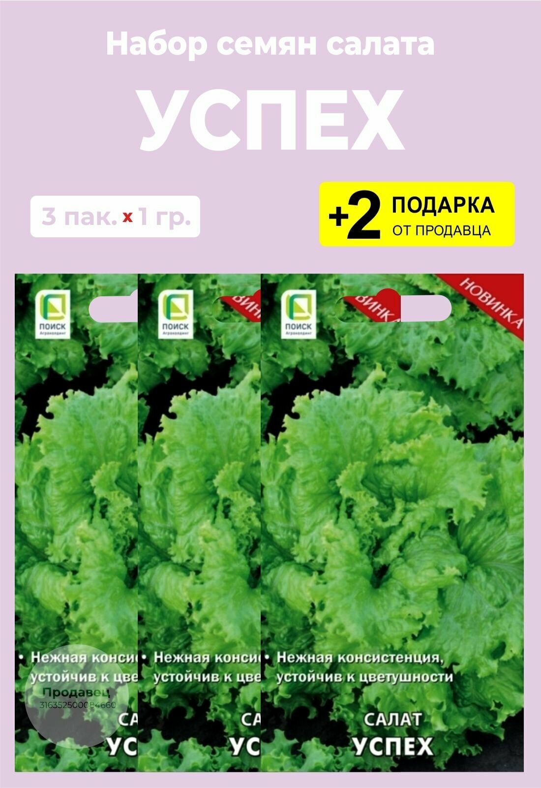 Семена Салат "Успех" 3 упаковки + 2 Подарка