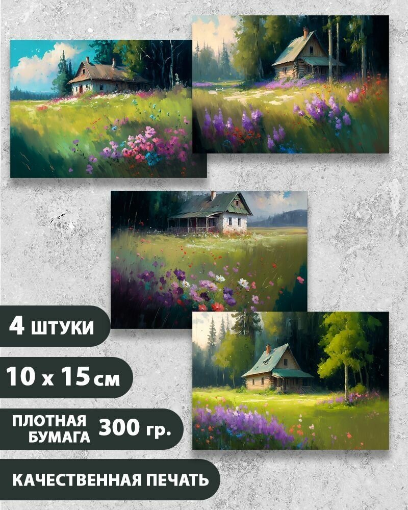 Набор открыток "Домик в лесу", 10.5 см х 15 см, 4 шт, InspirationTime, на подарок и в коллекцию