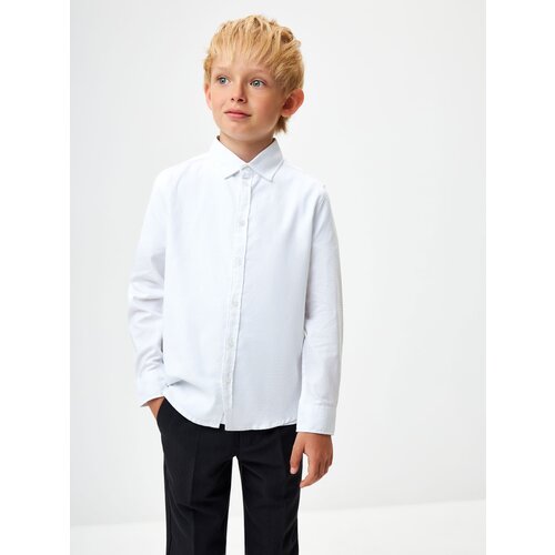 Школьная рубашка Sela, прямой силуэт, на пуговицах, длинный рукав, манжеты, без карманов, однотонная, размер 146, белый