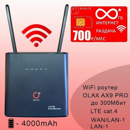 Комплект с безлимитным* интернетом и раздачей за 700р/мес I Роутер OLAX AX9 PRO black с аккумулятором I сим карта