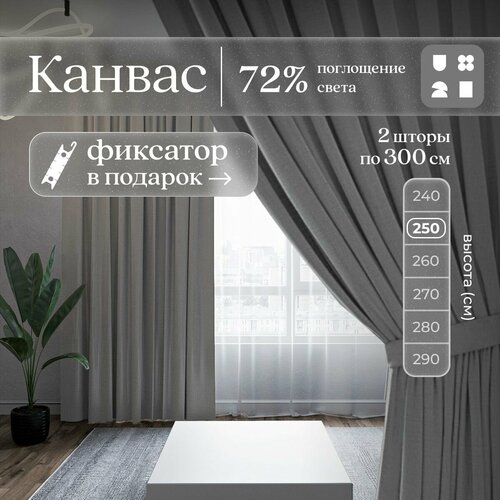 Комплект 2 шторы по 300 x 250 см для гостиной и спальни из плотного турецкого канваса, размер XL: 600 x 250 см, серый графит, тёмно-серый