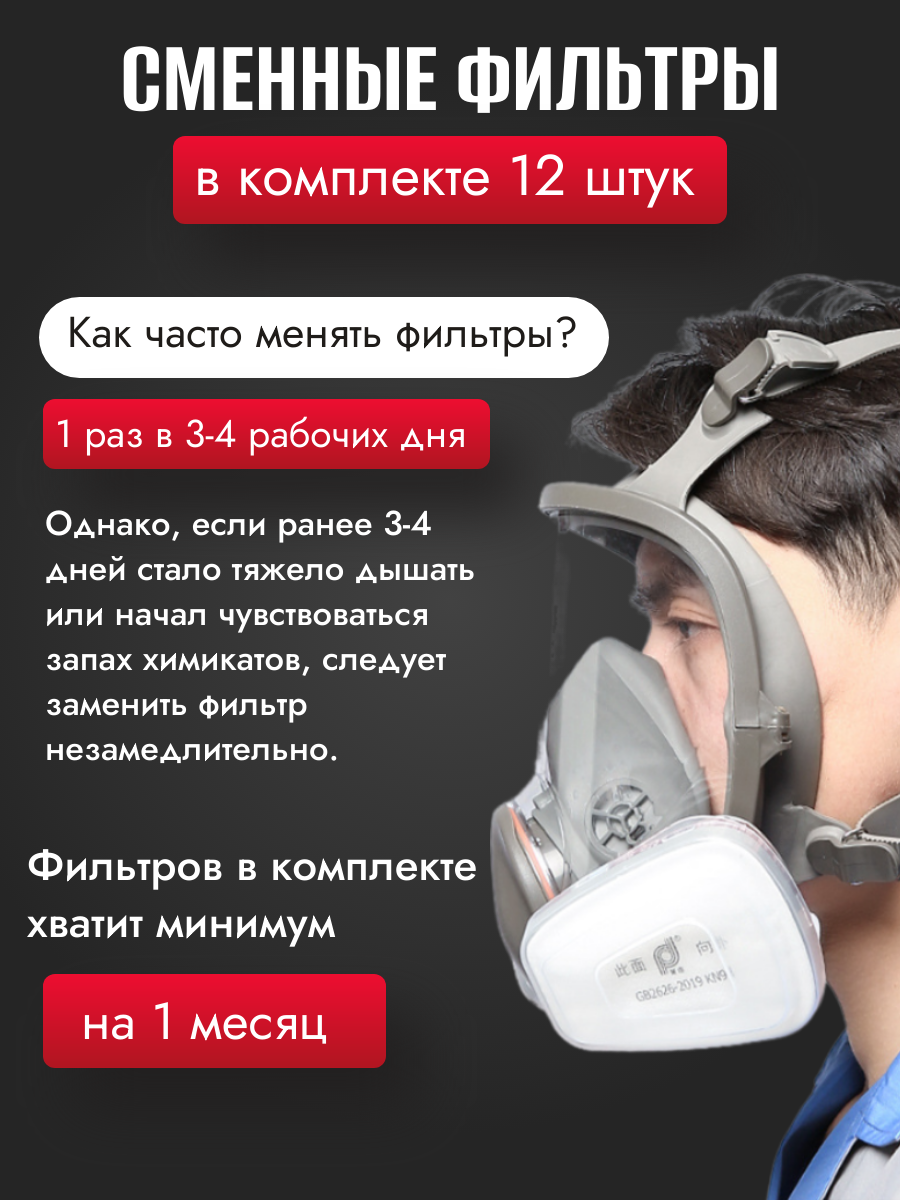 Профессиональный противогаз-респиратор маска защитная 6800 замена 3М с угольным фильтром распиратор от краски пыли аллергии многоразовый, Maxintro — фото 1