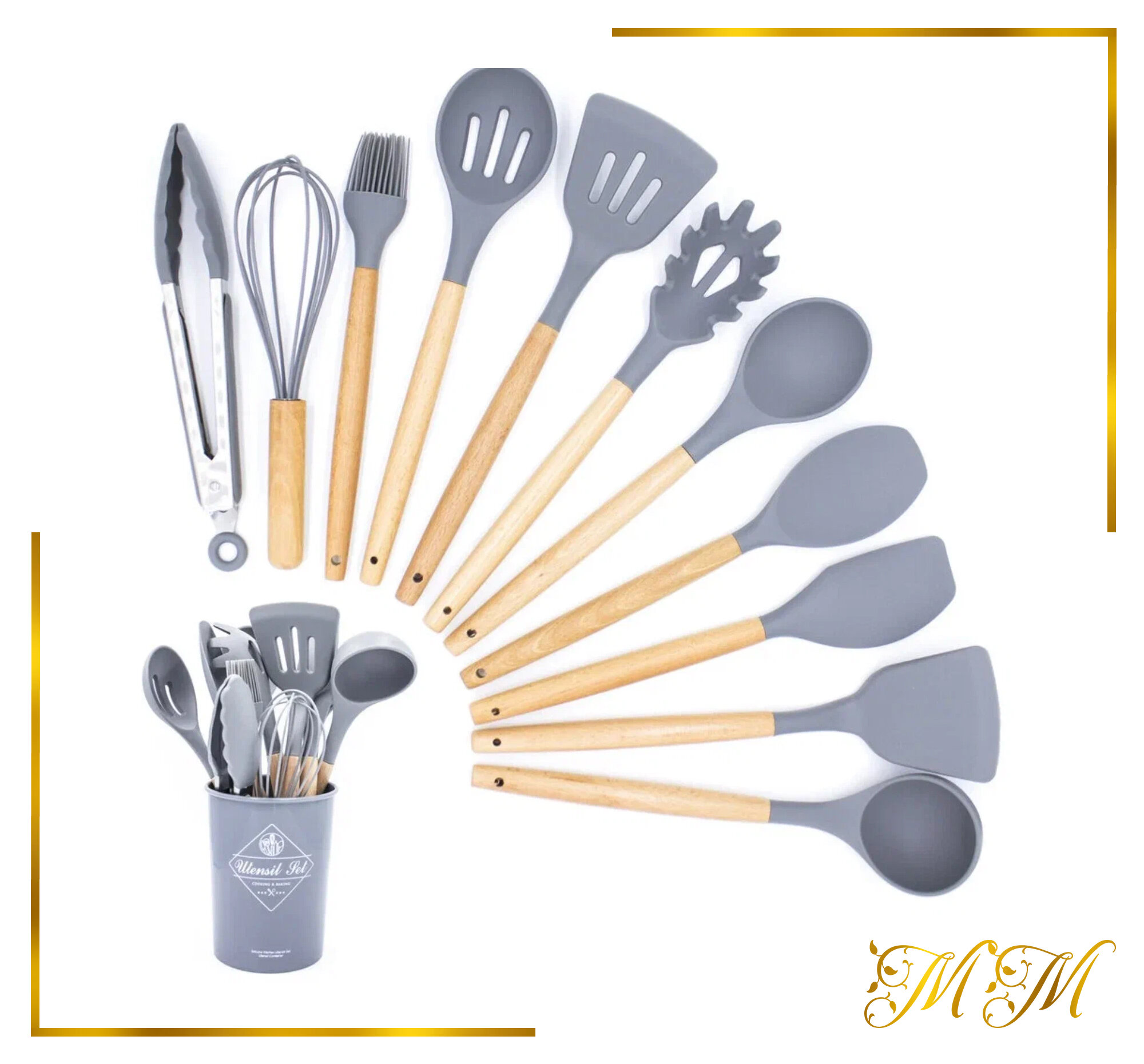 Набор навесок / кухонных принадлежностей Kitchen Set силикон (11 шт + подставка) серый