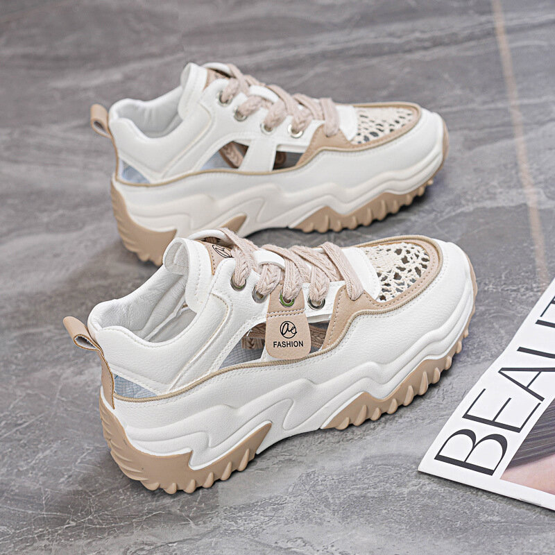 MOOCIE Женские кроссовки Daddy Shoes, лето 2025, новые ажурные дышащие спортивные туфли, женская толстая подошва, усиливающая нескользящую подошву, трендовая повседневная обувь