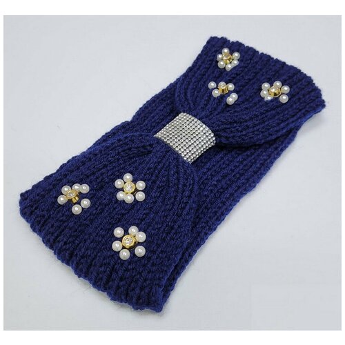 Теплая вязаная женская повязка на голову с декором темно-синий 687₽