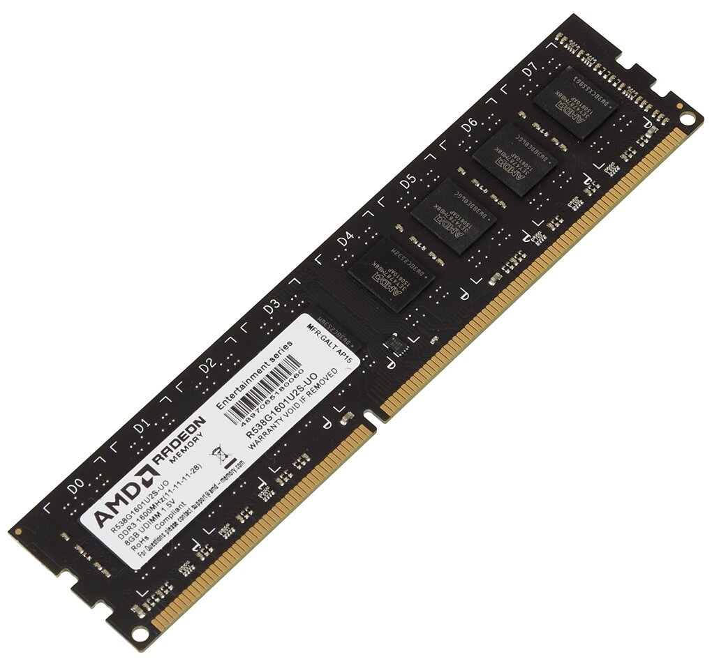 Память DDR3 8Gb 1600MHz AMD R538G1601U2S-UO OEM PC3-12800 CL11 DIMM 240-pin 1.5В single rank OEM