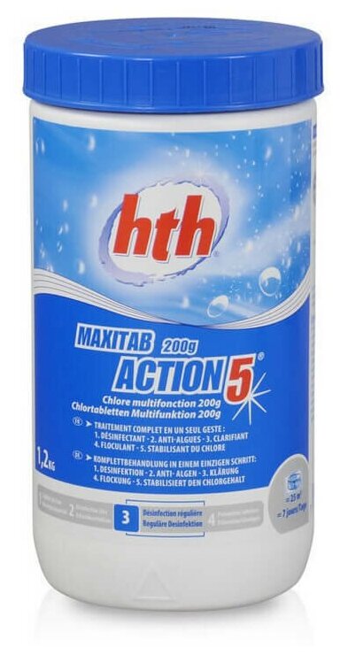 Многофункциональные таблетки стабилизированного хлора по 200гр. 5 в 1 (1.2кг) hth MAXITAB ACTION 5 - фотография № 3