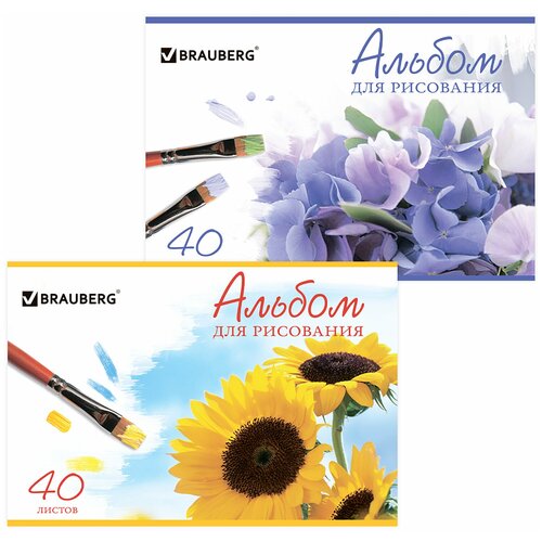 Альбом для рисования А4 40 листов скоба обложка картон BRAUBERG 200х283 мм Цветы (2 вида), 10 шт альбом для рисования полевые цветы 40 листов
