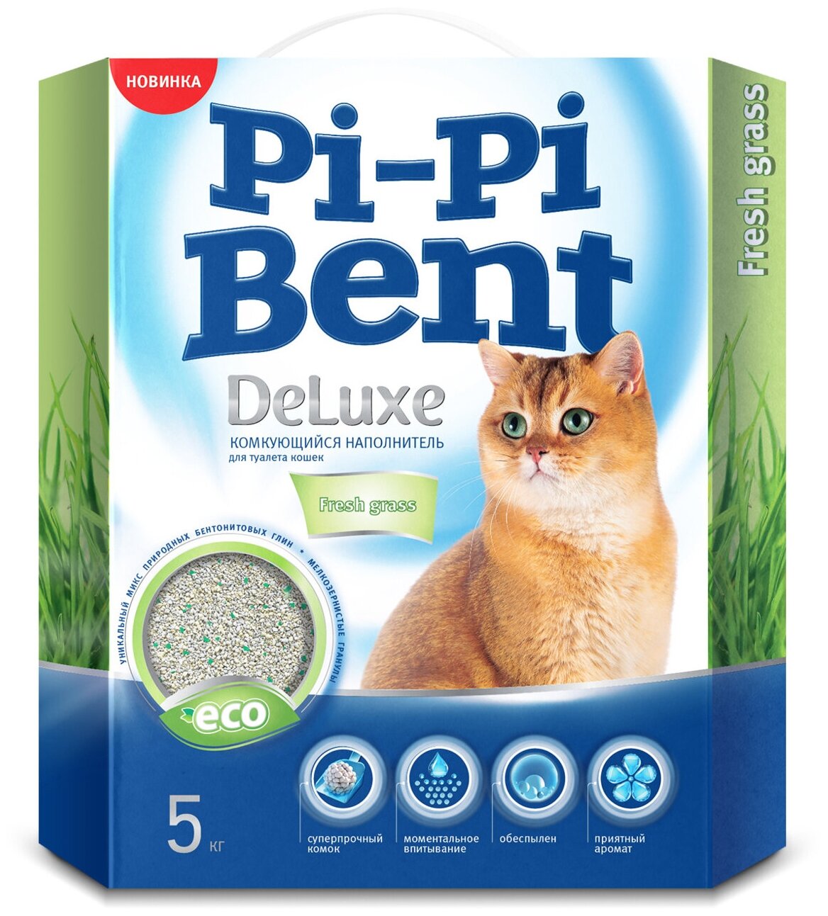 Наполнитель Pi-Pi-Bent Deluxe Fresh grass для кошек, комкующийся, 5 кг
