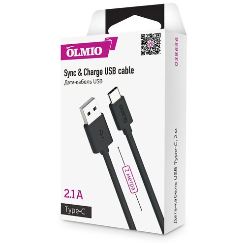 кабель olm 039324 usb 2 0 удлиненный штекер microusb longplug 1м 1a olmio 1 100 Кабель Olmio USB type-C 2м чёрный (038656)