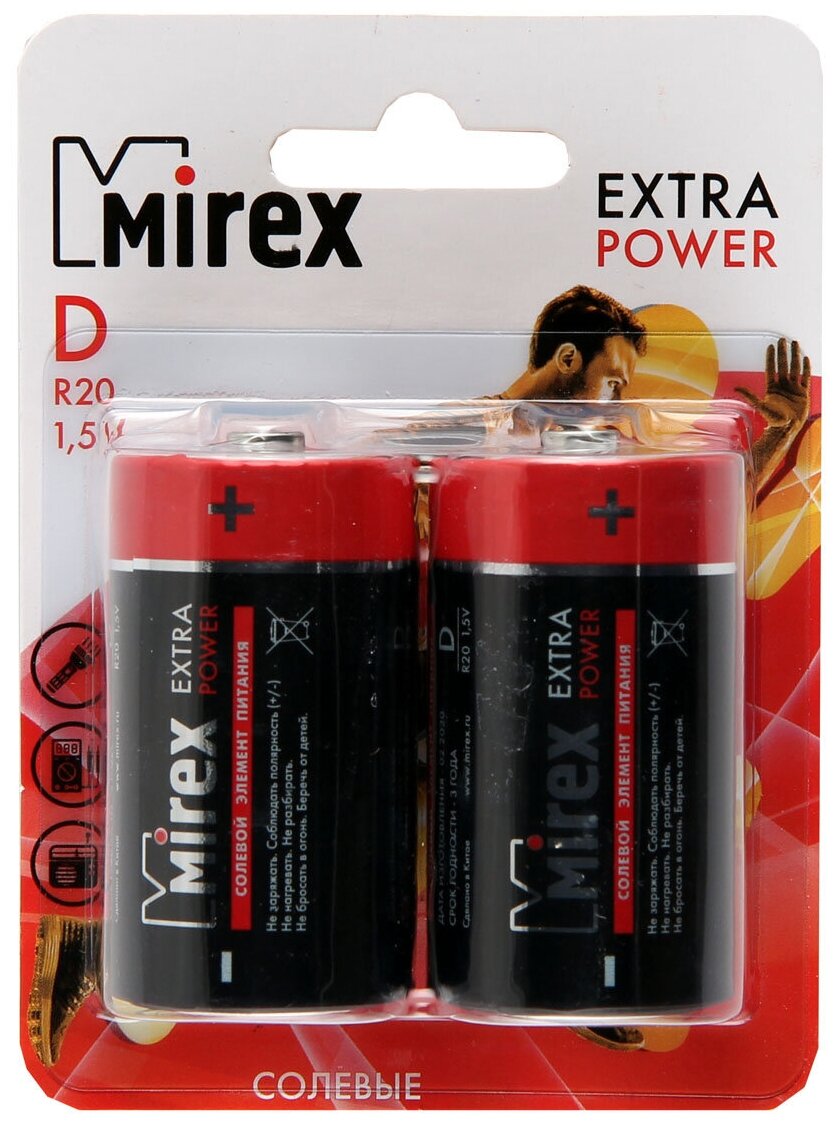 Батарейка D солевая Mirex R20 в блистере 2шт.