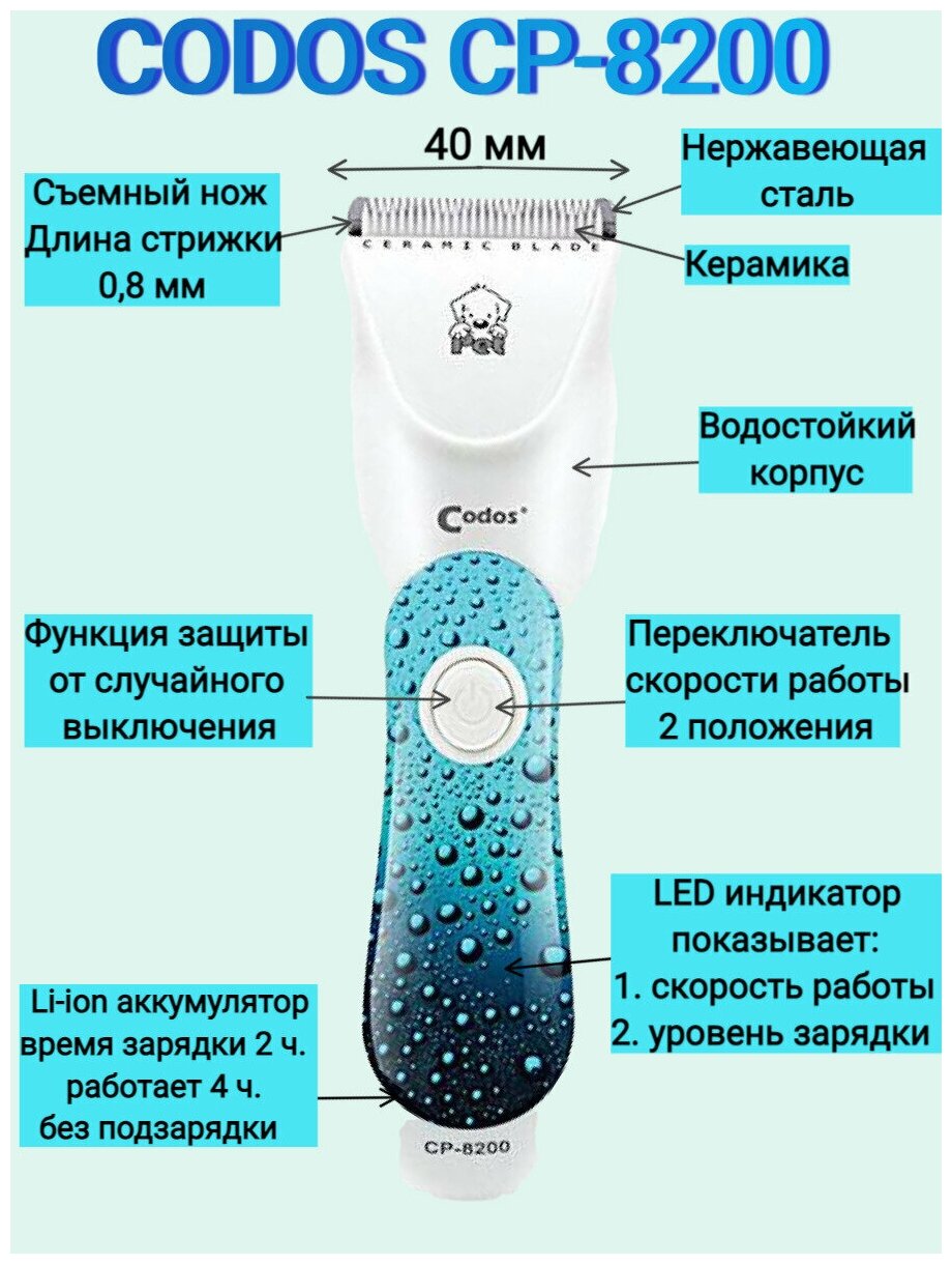 Машинка для стрижки животных Codos СР 8200 триммер для собак и кошек для груминга беспроводная водостойкая - фотография № 3