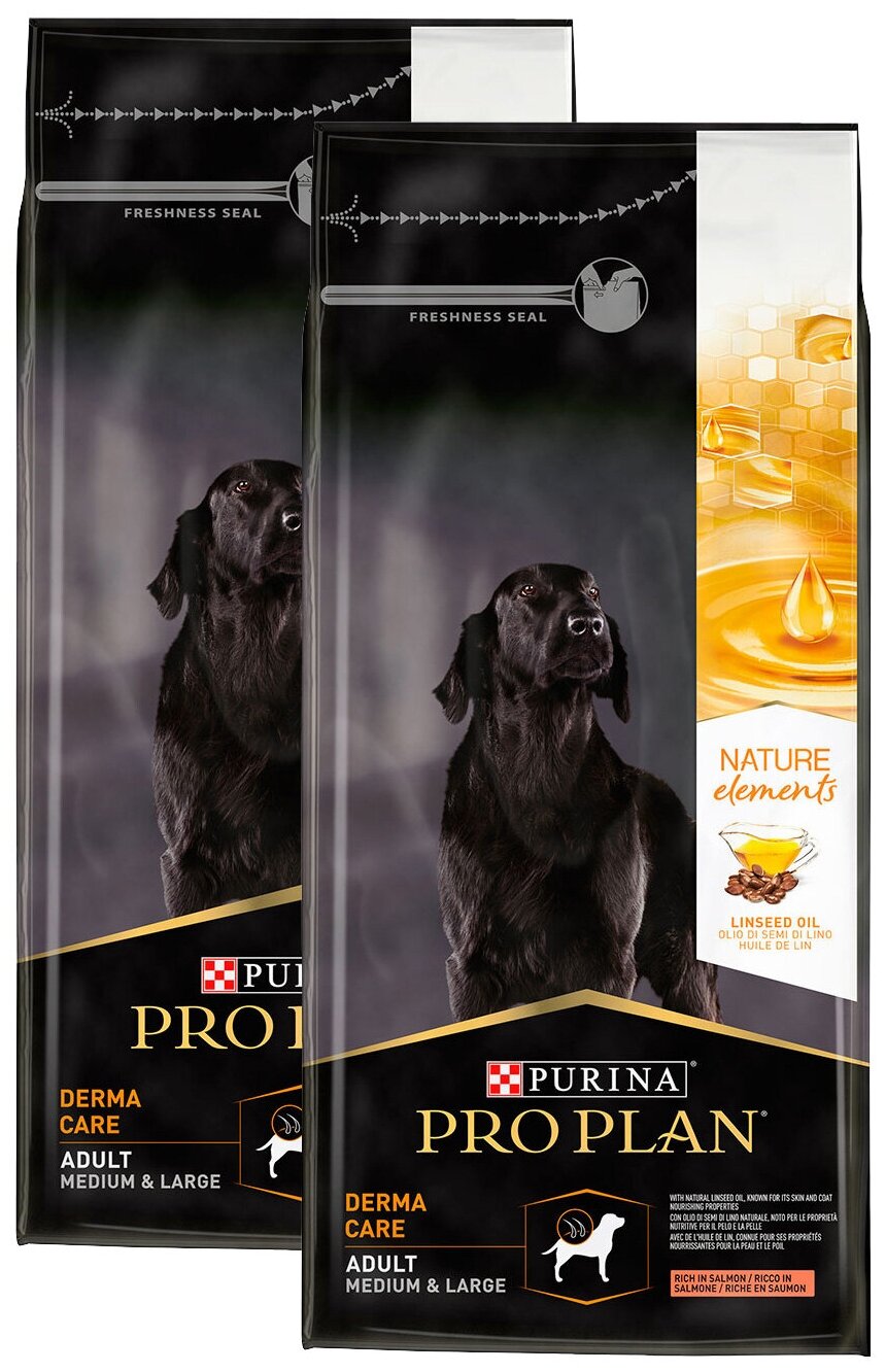 PRO PLAN NATURE ELEMENTS ADULT DOG MEDIUM & LARGE DERMA CARE для собак средних и крупных пород с чувствительной кожей и шерстью с лососем (2 + 2 кг)