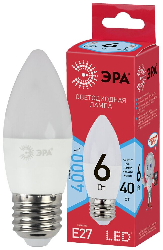 ЭРА ECO LED B35-6W-840-E27 (диод, свеча, 6Вт, нейтр, E27)