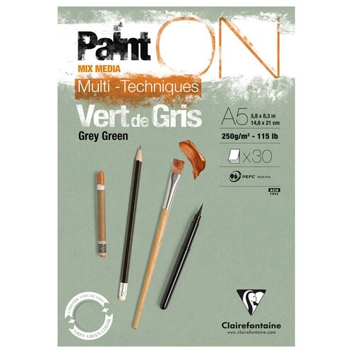 Блокнот для зарисовок А5, 30л Clairefontaine PaintON Grey Green (250 г/кв. м, серо-зеленая, склейка) (975704C)