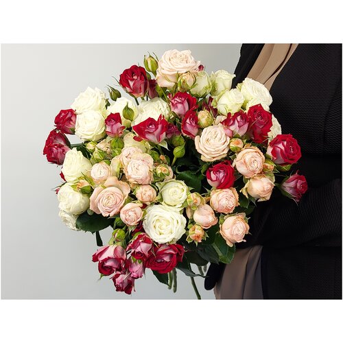 Микс кустовая роза красно-белая/белая/нежно-розовые 60СМ 15шт