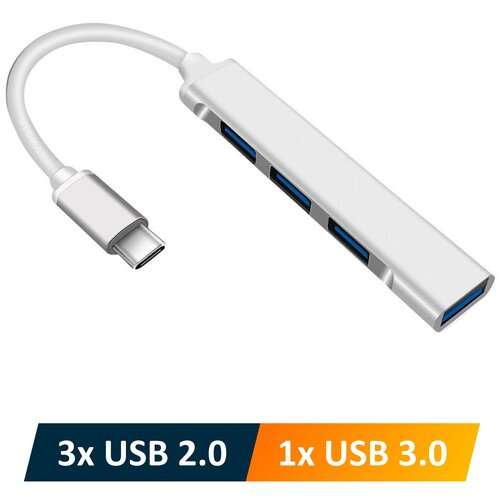Переходник с Type-C на 4 USB (3.0 и 2.0), OTG, серебристый / хаб для MacBook, ноутбука, смартфона, планшета / NOBUS