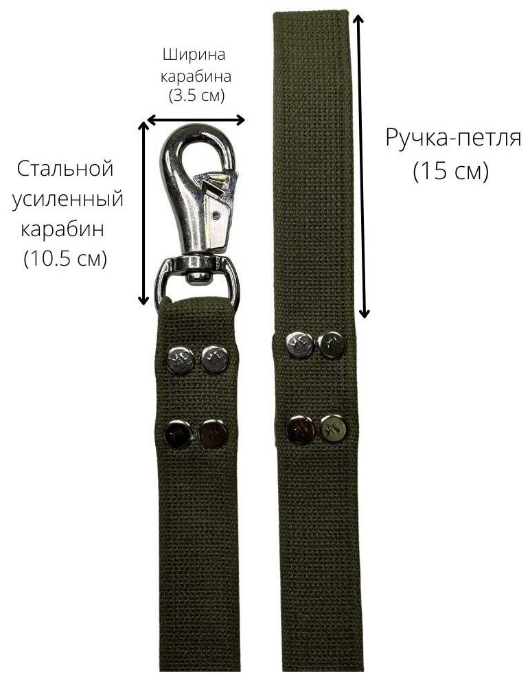 Поводок для больших собак брезентовый с усиленным карабином 5 м х 35 мм зеленый (до 250 кг) / поводок брезентовый с большим карабином