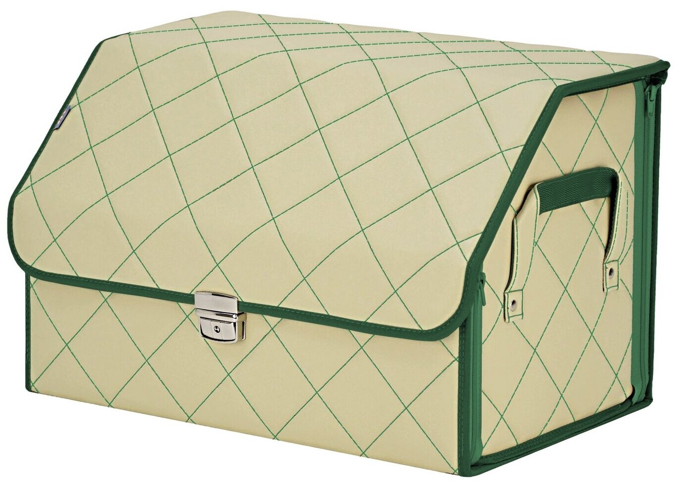 Органайзер-саквояж в багажник "Союз Премиум" (размер L). Цвет: светло-бежевый с зеленой прострочкой Ромб.