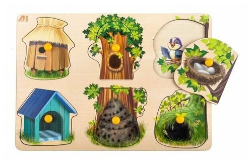 Деревянные Игрушки Рамка-вкладыш «Кто где живет. Животные» с подслоем