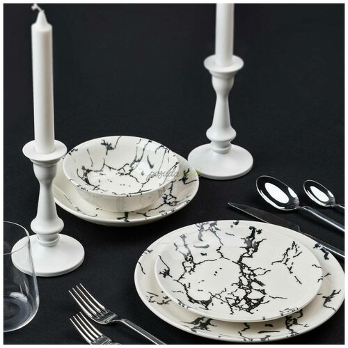 Набор фарфоровых тарелок, Столовый сервиз. Tulu Porselen. 24 предмета на 6 персон. Мрамор, черный.