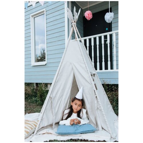 Вигвам детская игровая палатка домик с матрасом и подушкой льняной бежевый