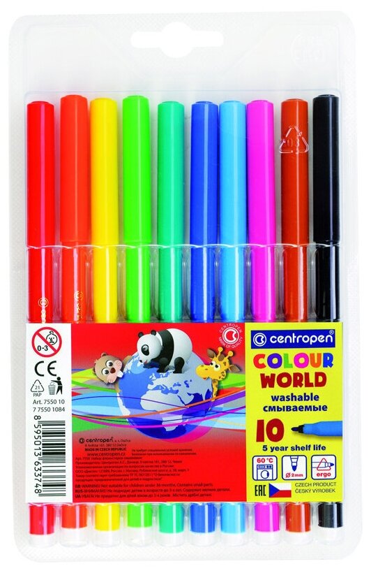 Фломастеры Centropen "Colour World", 10цв, трехгранные, смываемые, блистер