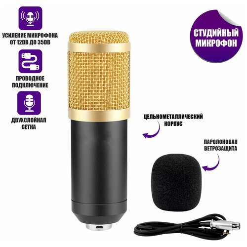 Микрофон BM-800 конденсаторный с ветрозащитой кабелем XLR-Jack 35 черно-золотой 132100₽