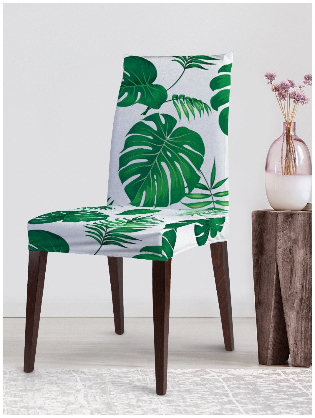 Декоративный чехол на стул JoyArty "Папоротниковый дождь" со спинкой велюровый