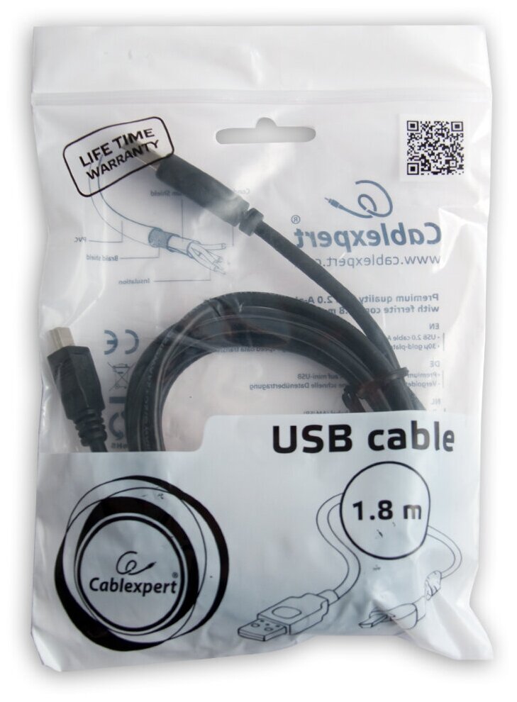 Кабель USB 2.0, AM/miniBM 5P, экран, ферритовое кольцо, 1,8 м, черный, Cablexpert