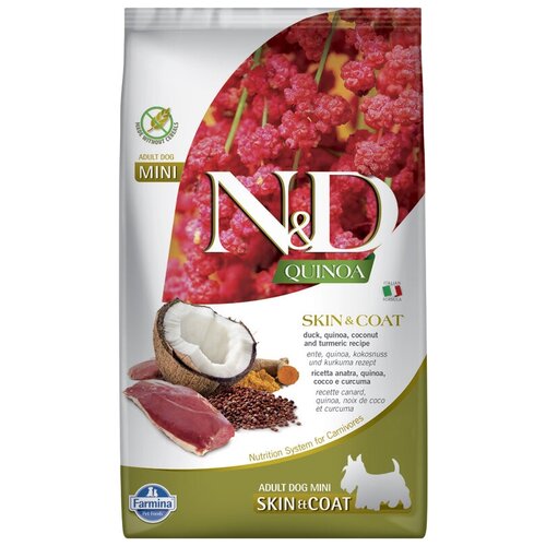 Сухой корм Farmina N&D Quinoa для взрослых собак мелких пород для здоровья кожи и шерсти, утка с киноа, Skin&coat Duck Mini, 0,8 кг