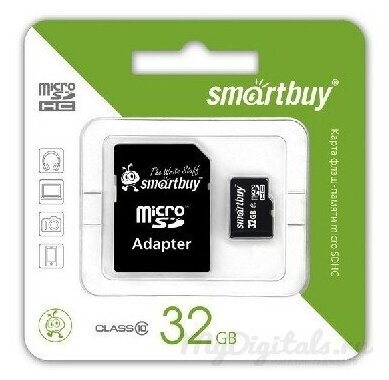 Карта памяти SMARTBUY MicroSDHC 32GB Class10 LE + адаптер, черный