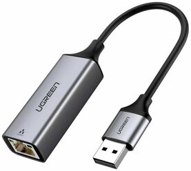 Переходник UGREEN CM209 (50922) USB-A 3.0 to RJ45 (F), металлический с проводом 10cm, Gray