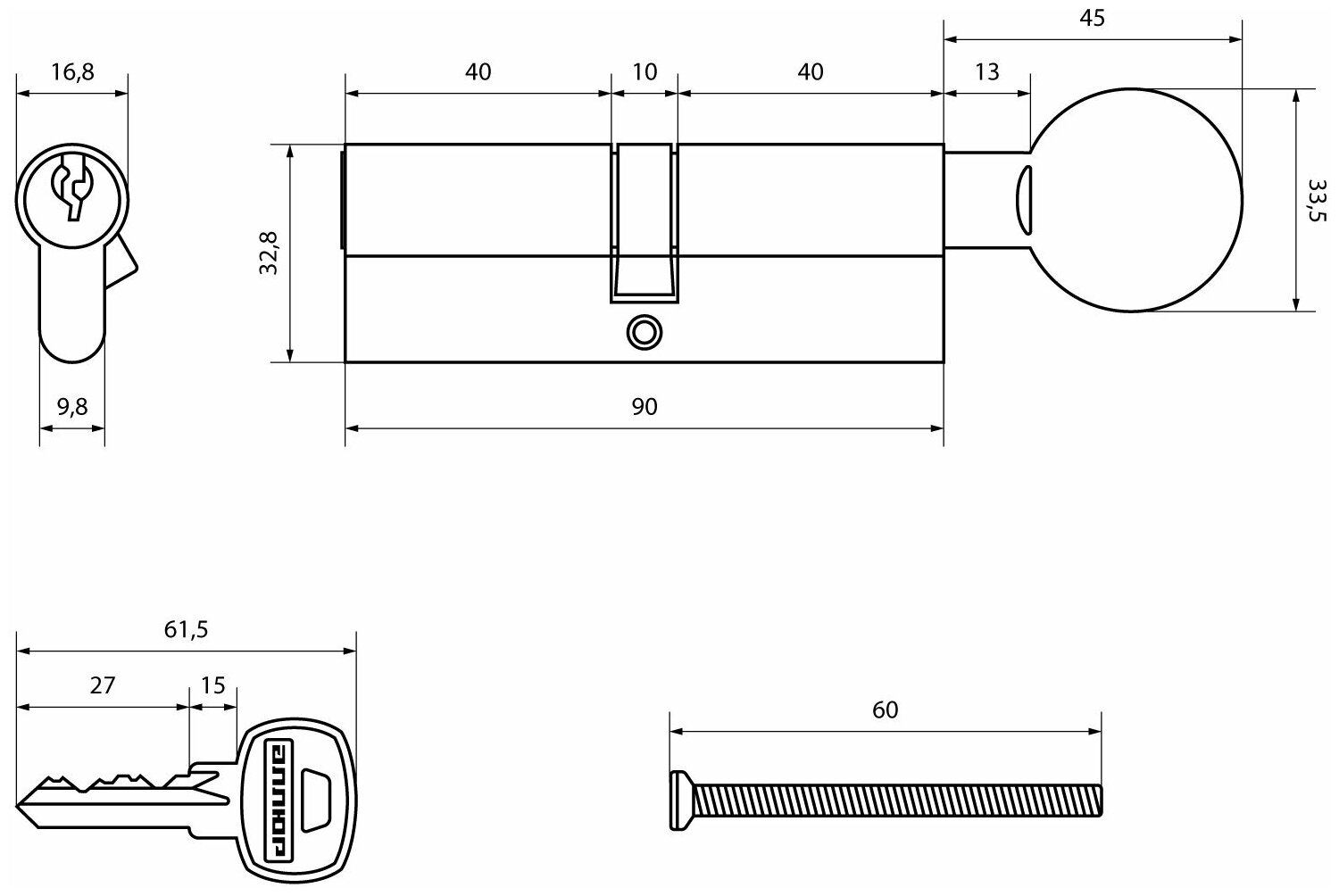 Цилиндровый механизм (личинка замка) 90 мм (40х10х40) с вертушкой Аллюр A.G 90-6К CP хром - фотография № 9