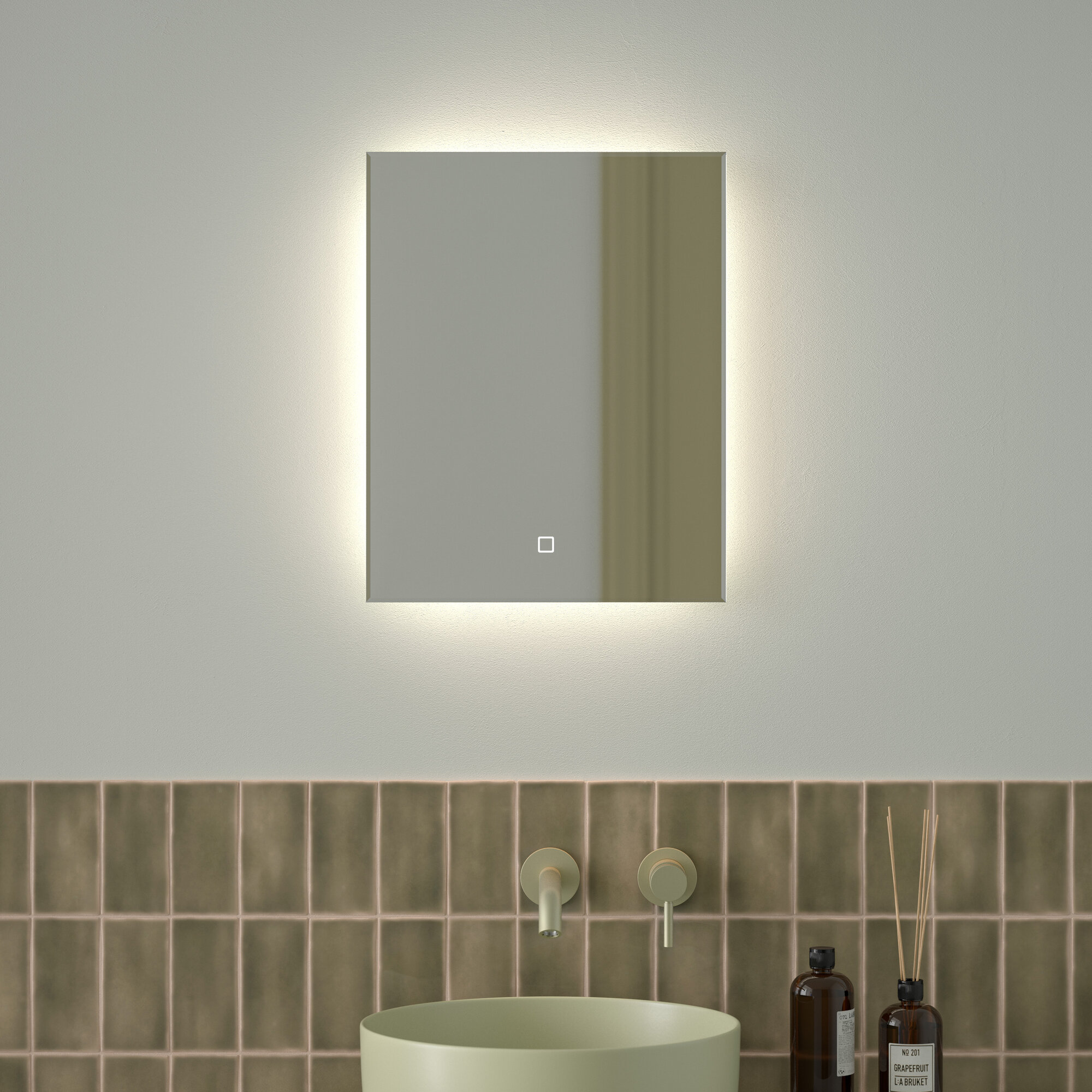 Зеркало с фацетом и LED-подсветкой настенное GLOW DEFESTO 40x50 см (Сенсорный выключатель) для гостиной прихожей спальни кабинета и ванной комнаты DF 2501S