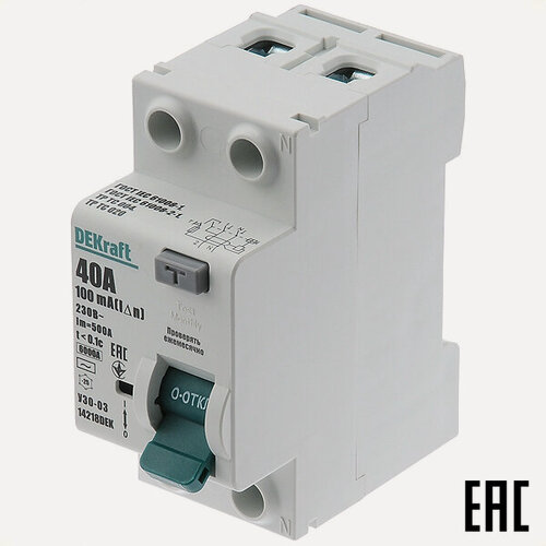 Изображение товара Устройство защитного отключения УЗО-03new 14218DEK (тип АС) 40А-100мА 230В 1P+N 6кА (DEKraft)