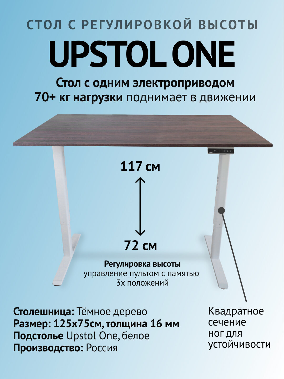 UPSTOL Компьютерный стол с регулируемой высотой One: рама белая и столешница ЛДСП дуб милано 125х75 SHB2420-D450-W-K125