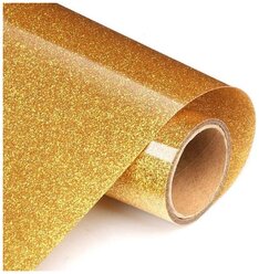 Термотрансферная плёнка глиттер, цвет Золотой, с фактурным эффектом металлических искрящихся блёсток, размер 25х50см., продается в рулоне