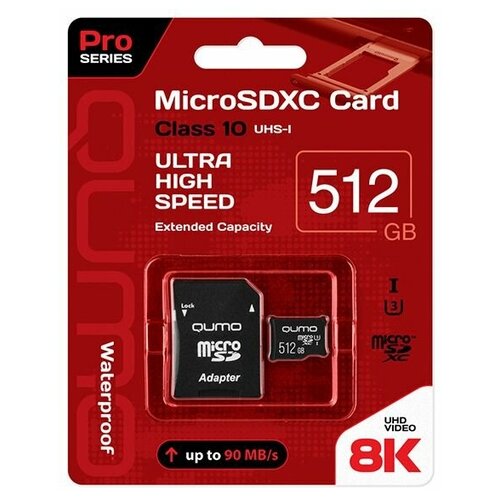 Карта памяти Qumo microSDXC 512GB Pro series Class 10 UHS-I U3 + SD адаптер (QM512GMICSDXC10U3)