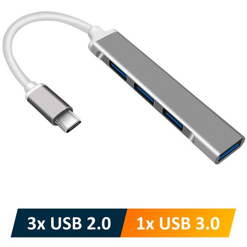 Переходник NOBUS для MacBook, 4 порта, Type-C - USB 3.0 и 2.0, темно-серый с белым проводом / Хаб для ноутбука с USB-C на USB-A