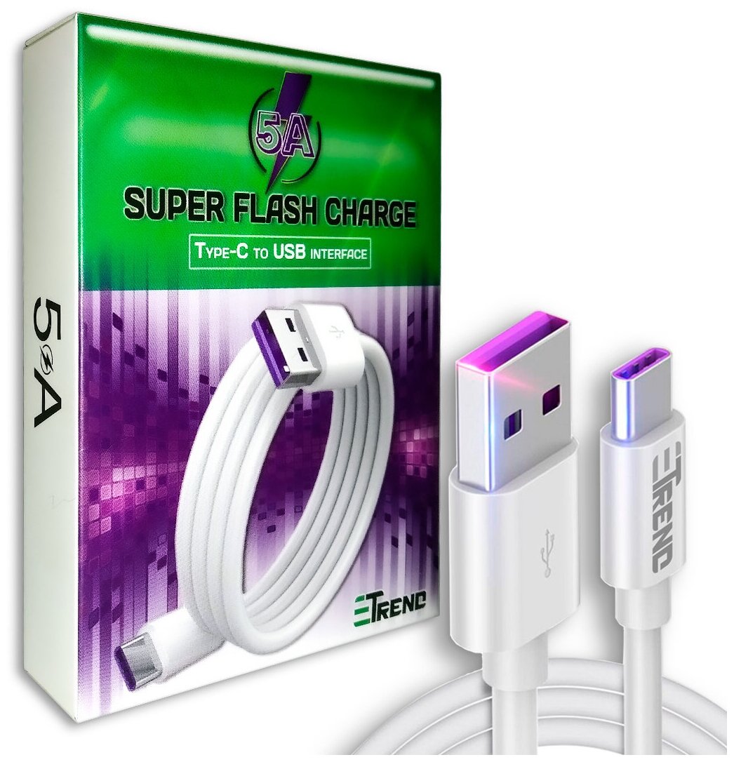 Кабель USB - TypeC 5A для быстрой зарядки и передачи данных (30 см)